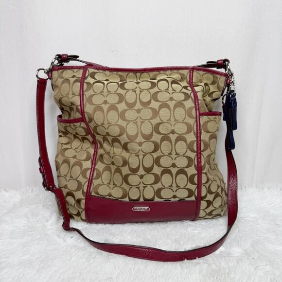 COACH / F30341 signature C park hobo silver khaki crimson red crossbody purse - Picture 1 of 13